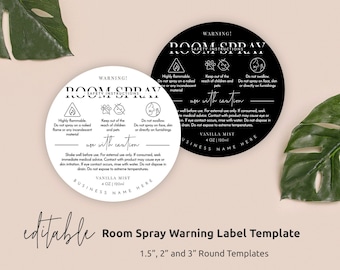 Room Spray Warning Label Template, Printable Spray Safety Sticker, 1.5" 2" 3" Round Labels, Printable Air Mist Safety Instructions, M-002