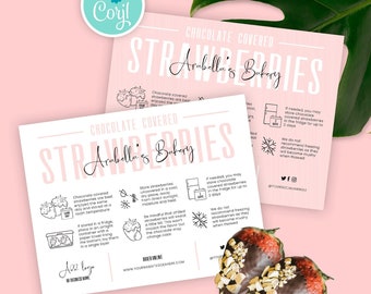 Chocolate Strawberries Care Guide, Custom Choc Dipped Strawberry Care Cards Template, Feminine Bakery Storage Instructions Note, P01
