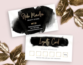 Editable Loyalty Card Design, Printable Loyalty Card Template, Beauty Salon Stamp Cards, Black & Gold Salon Rewards Card, Watercolour BW-001