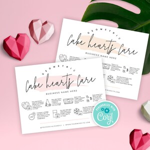 May include: Two pink and white cards with instructions on how to care for geometric cake hearts. The cards have a pink and white watercolor background with black text. The text on the cards reads "Geometric Cake Hearts Care" and includes instructions on how to store, display, and care for the cake hearts. The cards also include the text "Personalize with Cory!" in a teal circle with a gear icon.