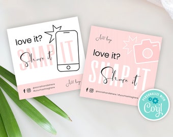 May include: Two pink and white square cards with the text "love it? Snap it" and a stylized camera or phone graphic. The cards have social media handles and the text "A2Z logo". A blue circle with the text "PERSONALIZE WITH Corjl" is in the bottom right corner.
