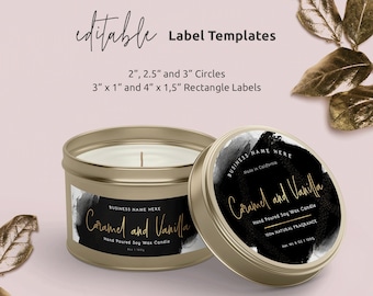 Candle Tin Label Template, Editable Candle Jar Labels, Black and Gold Round & Rectangle Product Stickers, Printable Cosmetics Labels, BW-001