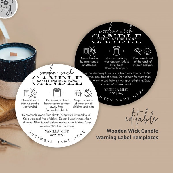 Wooden Wick Candle Warning Label Template, Printable Candle Jar Safety Sticker, 1.5" 2" 3" Round Safety Instructions Sticker, Minimal M-002