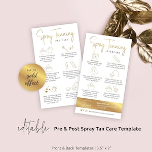 Tanning Pre and Post Care Template, Editable Spray Tan Care Guide, Gold Effect Before & After Spray Tan Care Instructions, Printable GF-01