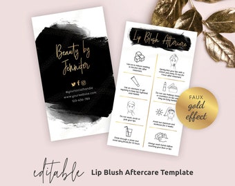 May include: A black and white business card with gold text that says "Beauty by Jennifer" on the front. The back of the card has a black and white illustration of a face with a list of instructions for lip blush aftercare. The text on the back of the card says "Lip Blush Aftercare" and "FAUX gold effect".
