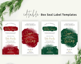 Könnte beinhalten: Bearbeitbare Box-Siegel-Etikettenvorlagen mit Feiertagsmotiven. Die Etiketten zeigen Texte wie "Holiday Season" und "Season's Greetings" in Rot und Grün, mit einem Aquarellpinselstrich-Design. Enthält den Text "Studio Monellin".