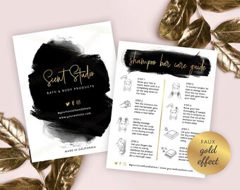 Shampoo Bar Care Guide Template, Editable Shampoo Bar Care Card, Black & Gold Printable Zero Waste Shampoo Care Instructions, Instant BW-001