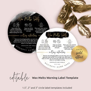 Wax Melts Warning Template, Editable Wax Tarts Safety Labels, 1.5&quot; 2&quot; 3&quot; Circle, Wax Melts Safety Instructions Stickers, Black & Gold BW-001
