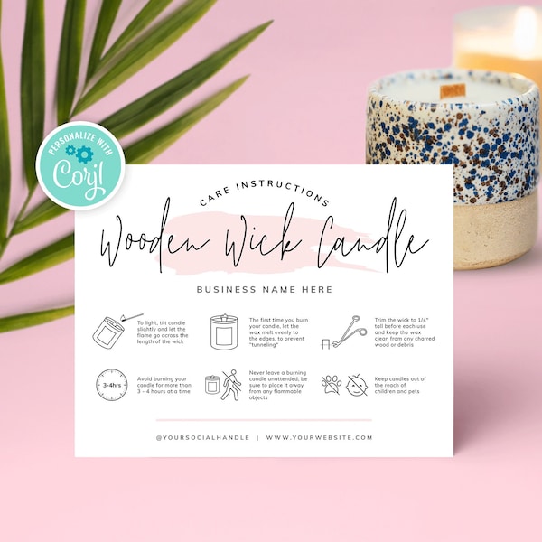 Editable Wooden Wick Candle Care Card, Printable Candle Safety Template, Feminine Wooden Wicks Candle Care Guide, Instant Download, PW-001