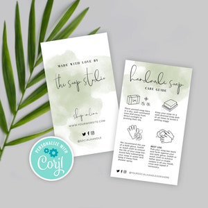 Editable Soap Care Card Template, MINI Soap Care Guide, Instant Download, Printable Handmade Soap Care Instructions, Sage Green Watercolor