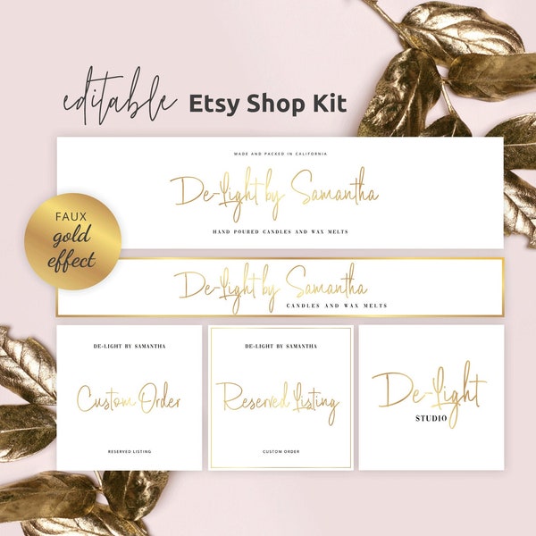 Editable Etsy Banner Template, Faux Gold Etsy Branding Kit, Esty Shop Cover Design, Instant Access, Edit Yourself Metallic Banner, GF-01