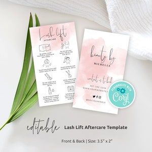 Kaartsjabloon wimperlift nazorg, bewerkbare kaart met instructies voor wimperlift-nazorg, afdrukbare onderhoudsgids wimperkruller, roze aquarel, WS01
