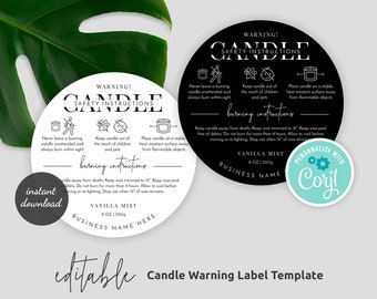 Candle Warning Label Template, Printable Candle Safety Sticker, 1.5&quot; 2&quot; 3&quot; Round Warning Label, Editable Candle Safety Instructions, M-002