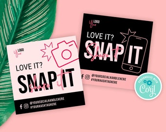 May include: Two square social media graphics with black and white backgrounds. Both graphics feature a pink camera icon and the text "LOVE IT? SNAP IT" with a pink "share it" overlay. The graphics also include social media handles and hashtags. The graphic on the right features a pink smartphone icon with a starburst. The graphic on the left features a pink starburst. The graphics are on a pink background.