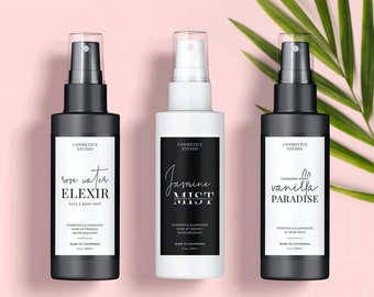 May include: Three 8 ounce black, white, and clear glass spray bottles with labels. The labels are black and white with text that reads "rose water ELEXIR", "Jasmine MIST", and "vanilla PARADISE".