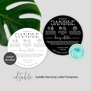 Candle Warning Label Template, Printable Candle Safety Sticker, 1.5&quot; 2&quot; 3&quot; Round Warning Label, Editable Candle Safety Instructions, M-002
