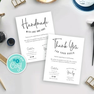 Tarjeta de agradecimiento empresarial personalizada, plantilla minimalista, hecha a mano con notas de amor, diseño de inserción para paquete comercial, MH01