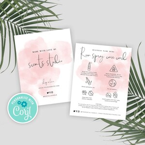 Plantilla editable de guía de cuidado de aerosoles ambientales, tarjeta de cuidado de brumas ambientales, inserto imprimible para paquete de cuidado de ambientadores, tarjeta de cuidado de acuarela rosa, WS01