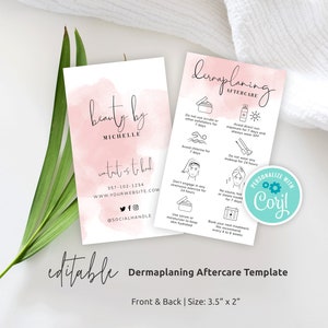 Kaartsjabloon voor dermaplaning, bewerkbare onderhoudsinstructies voor dermaplaning, afdrukbare kaart voor nazorg gezichtsbehandeling, aquarel, WS01
