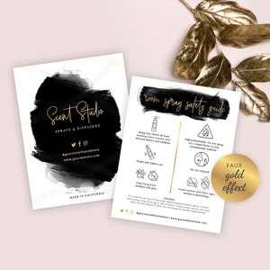Room Spray Safety Guide Template, Editable Room Mist Care Card, Printable Air Freshener Care Instructions, Black & Gold Care Note, BW-001
