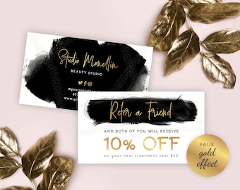 Client Referral Card Template, Customizable Refer a Friend Card, Printable Beauty Salon Referral Cards, Black Watercolour & Gold, BW-001