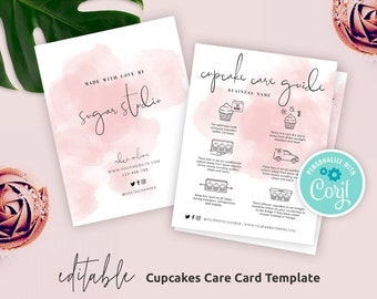 Cupcakes Care Card Template, Editable Cupcakes Care Guide, Feminine Watercolor Bakery Care Note, Cupcake Care Instructions, Instant, WS01