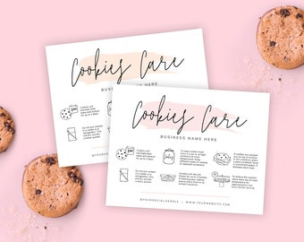 Editable Cookies Care Card, Printable Cookie Care Template, Pink Watercolor Bakery Care Guide, Biscuits Care Instructions, Instant, PW-001