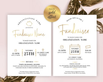 Fundraising Event Invite Template, Faux Gold Foil Business Charity Event Flyer, Instant Fundraiser Invitation, Printable Leaflet 5x7" GF-01