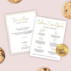 Tarjeta de cuidado de galletas editable, plantilla de cuidado de galletas con efecto dorado, guía imprimible para panadería, instrucciones de cuidado de galletas, acceso instantáneo, GF-01