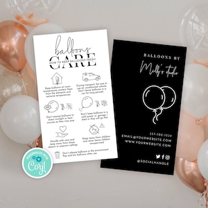Modello di biglietto per la cura dei palloncini, Guida alla sicurezza per palloncini ad aria e a elio modificabile, Mini biglietto con istruzioni per la cura stampabili, Design minimalista, M-002