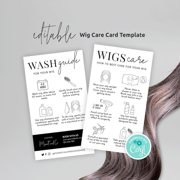 Editable Wig Care Card Template, Printable Natural Wigs Aftercare, Synthetic Wig Guide, Minimalist Hairpiece Washing Instructions, M-002