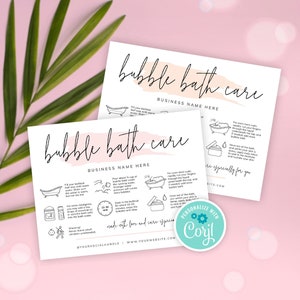 Plantilla de guía de cuidado para baños de burbujas, tarjetas personalizadas para el cuidado de la espuma de baño, instrucciones imprimibles para el cliente, diseño de nota de cuidado femenino, PW-001