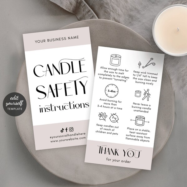 Candle Care Guide Template With Safety Icons, DIY Candle Warning Instructions, Printable Do and Dont's Card 3.5x2" Taupe & White, TW01