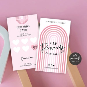 Modèle de carte de fidélité salon rose rétro, modifiables cartes de visite d'affaires design arche tendance, récompenses féminines cartes de visite imprimables RA1