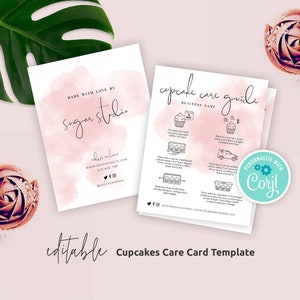 Cupcakes Care Card Template, Editable Cupcakes Care Guide, Feminine Watercolor Bakery Care Note, Cupcake Care Instructions, Instant, WS01