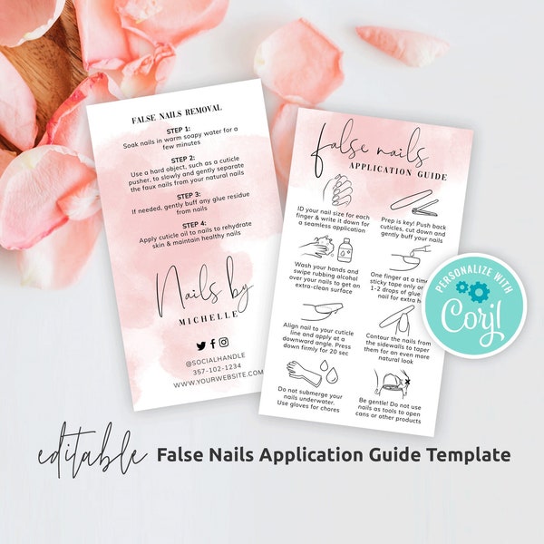 Stick On Nails Care Guide Template, Custom Artificial Nails Application Steps, Printable False Nails Aftercare Cards Design, Instant WS01