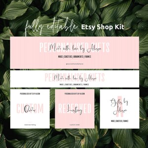 May include: A pink and white Etsy shop kit with the text "Personalized Gifts Made with love by Alison" and "Gifts by Alison". The kit includes a banner, three square images, and the text "Mugs | Coasters | Ornaments | Frames".