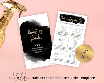 Hair Extensions Care Card Template, Editable Hair Extensions Aftercare Guide, Custom Black & Gold Hair Care Instructions, Instant, BW-001