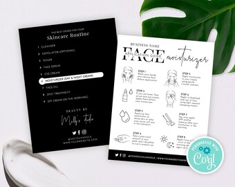 Custom Moisturizer Application Guide, Skincare Regime Template, Minimalist Face Cream Care Card, Printable Cosmetics Instructions, M-002