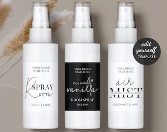 Minimalist Room Spray Label Template, Custom Air Freshener Bottle Wrap Around Stickers, 1 oz, 2 oz, 4 oz Bottle Packaging Design, M-002