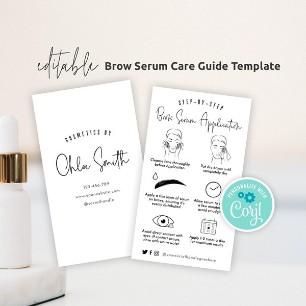 Brows Serum Care Card, Editable Eyebrow Oil Care Guide Template, Minimalist Eyebrows Growth Treatment Application Instructions, MH01