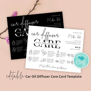 以下が含まれることがあります： 車のディフューザーの使用方法と手入れ方法が書かれた、白黒の印刷可能なテンプレートです。カードには、「car diffuser care」と「enjoy your car diffuser」のテキストが含まれています。