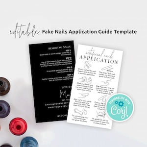 Falsche Nägel Anwendungsanweisungen, bearbeitbare künstliche Nägel Pflegekarten, druckbare Stick On Nail-Anleitung, minimalistische Nachsorge M-002