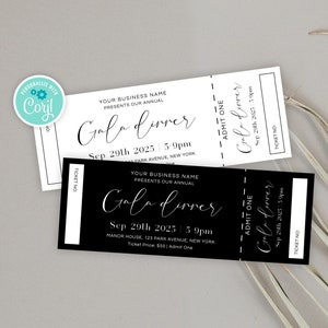 Minimale Gala Dinner Ticket-Vorlage, bearbeitbare Business Event-Eintrittskarte mit Stub, Schwarz-Weiß-Eintrittstoken, Gala Night Coupon
