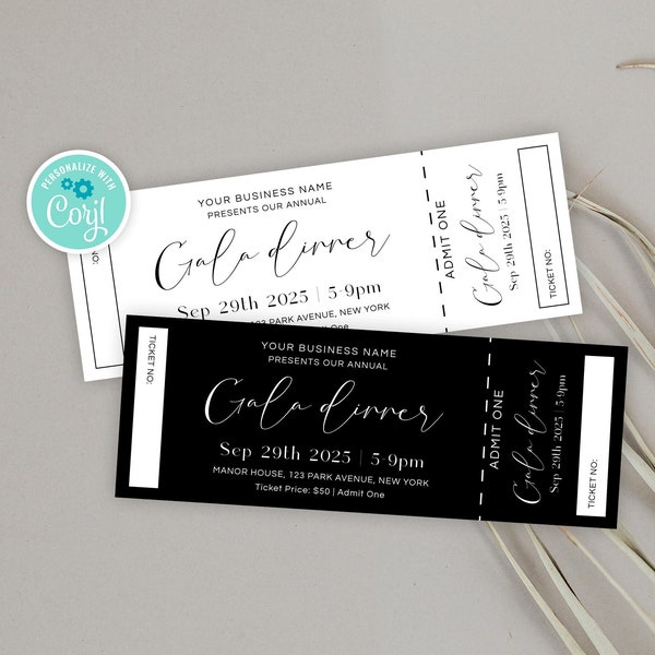 Minimal Gala Dinner Ticket Template, Editable Business Event Entry Ticket With Stub, Black & White Entrance Token, Gala Night Coupon