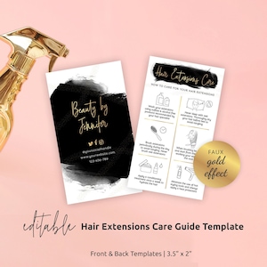 Hair Extensions Care Card Template, Editable Hair Extensions Aftercare Guide, Custom Black & Gold Hair Care Instructions, Instant, BW-001