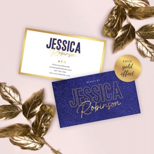 Sjabloon voor visitekaartjes, afdrukbare visitekaartjes, blauwe en gouden bedrijfskaarten, glittereffect, visitekaartjes DIY-boetiek, direct downloaden