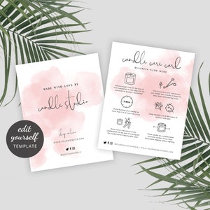 Guía editable para el cuidado de velas, plantilla imprimible para el cuidado de velas, diseño de instrucciones de cuidado femenino, acuarela rosa, consejos de seguridad para velas WS01