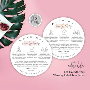 Fire Starters Warning Label Template, Editable Wax Firelighters Safety Stickers, Printable Eco Fireplace Starter Care Instructions, PW-001