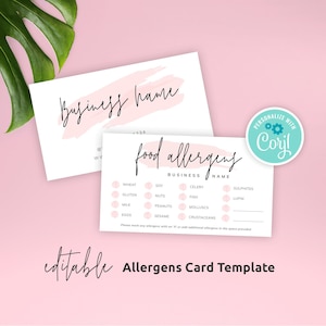 Afdrukbare sjabloon voedselallergenen, bewerkbare kaartsjabloon allergieën, aangepaste bakkerij klant allergie checklist formulier, instant download, PW-001